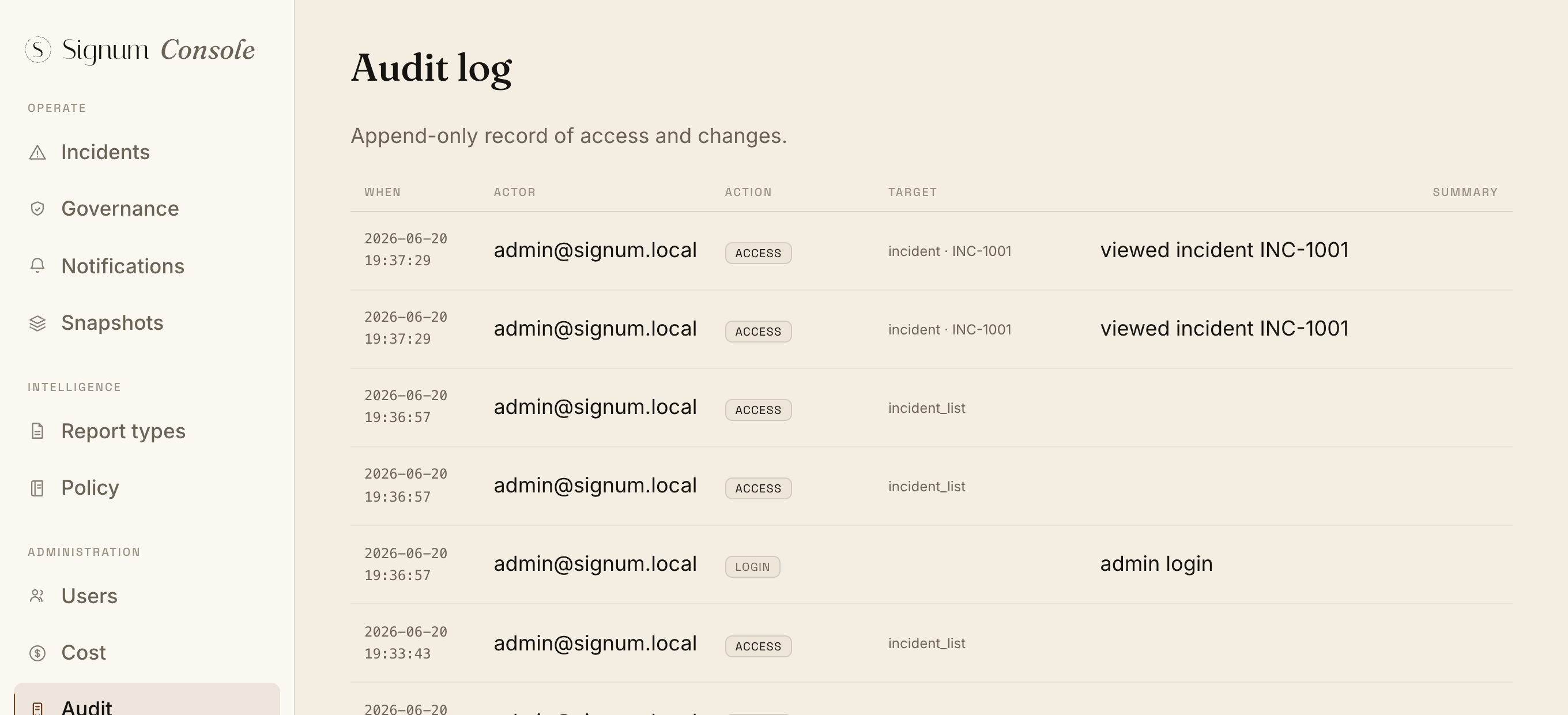 The hash-chained audit log: who accessed and changed what, verifiable and exportable.