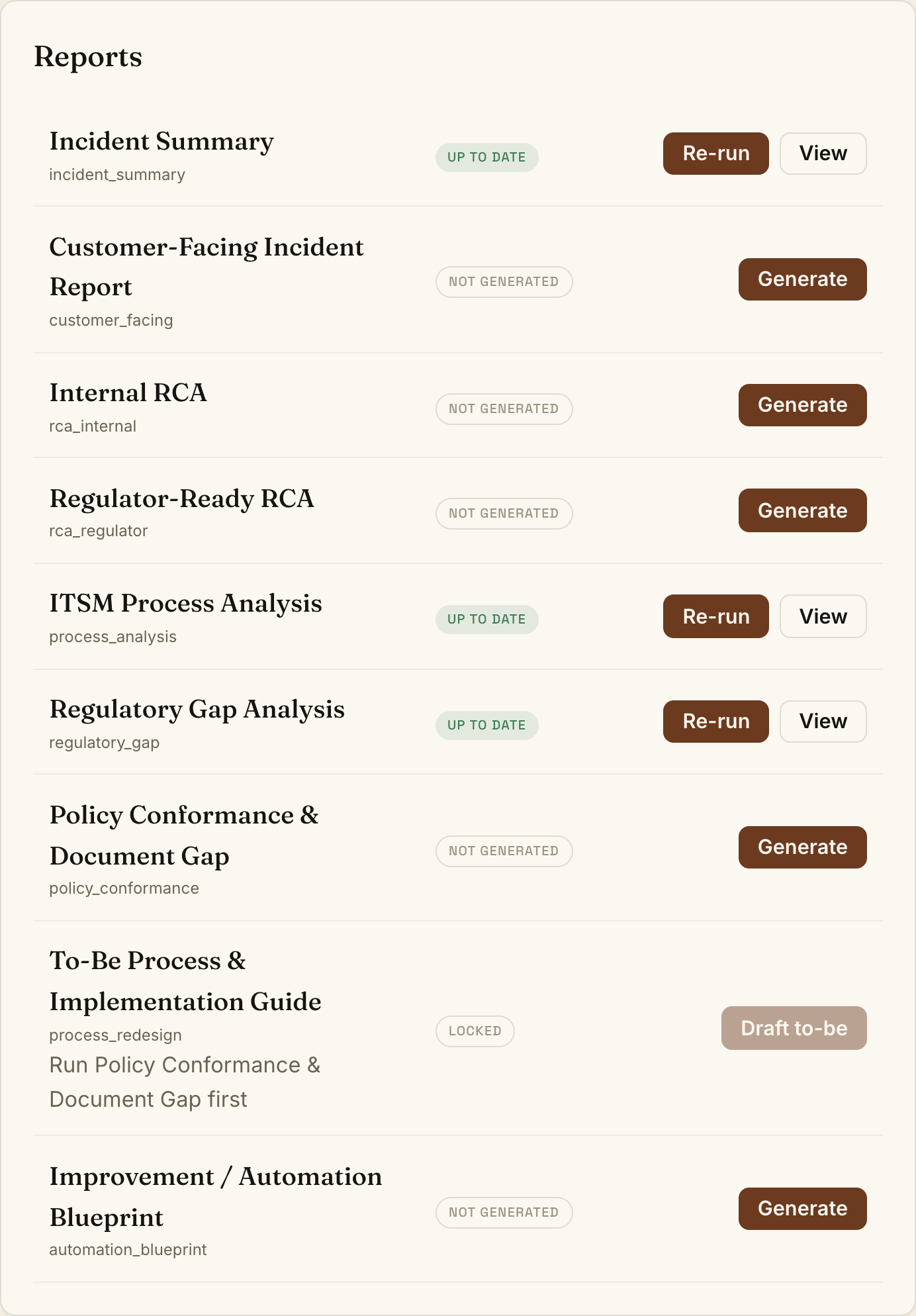 Signum console: the compliance suite in run-order — gap analyses up to date, a dependent report locked until its prerequisite is run.